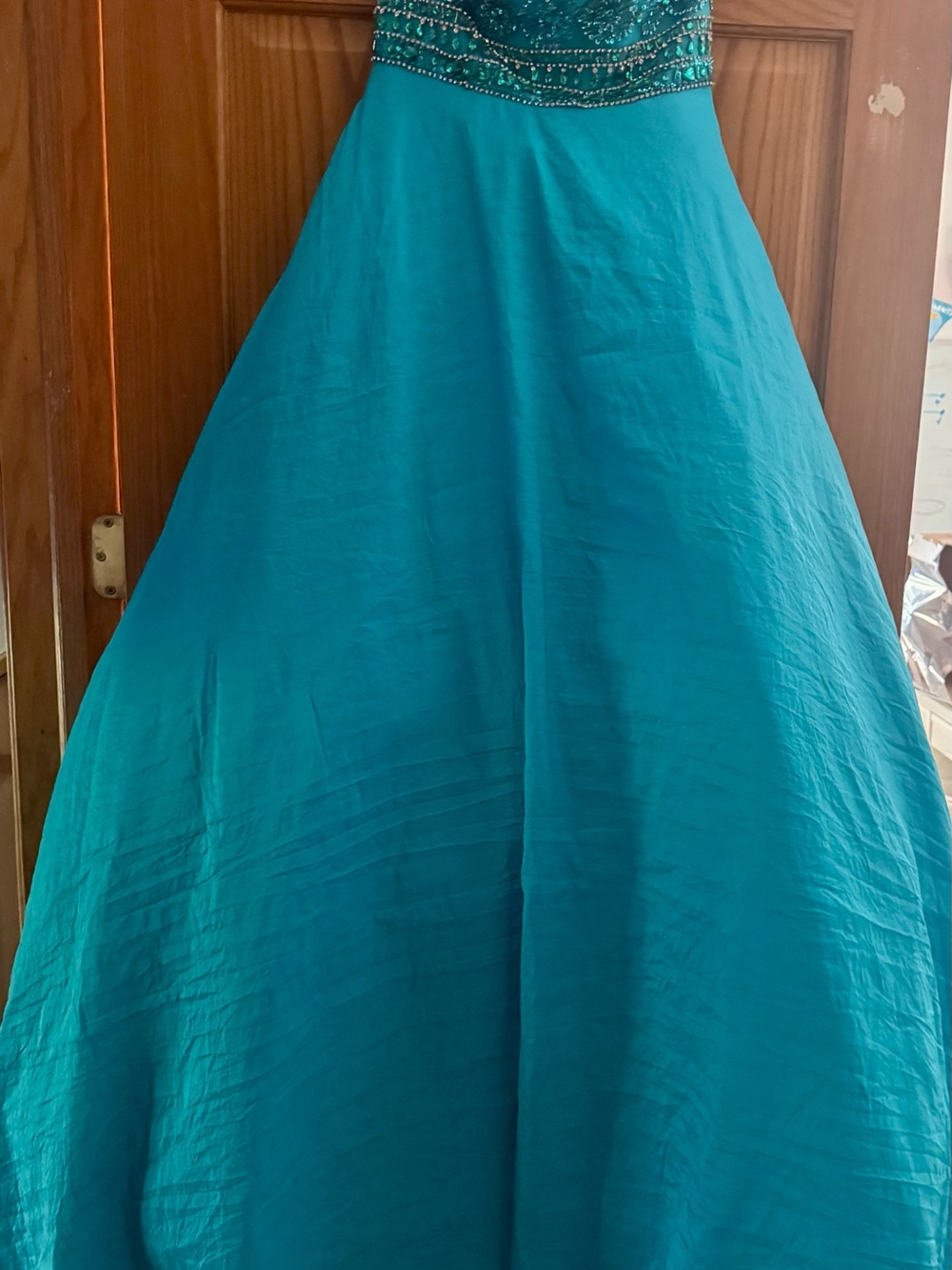 Sherri Hill Teal Beaded Waist A-Line Gown